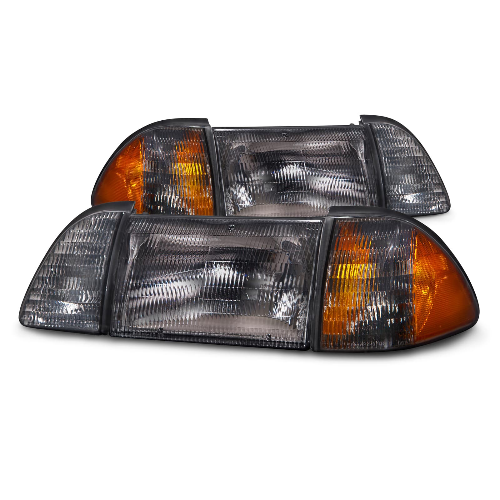 PERDE 87-93 Ford Mustang GT/LX Smoked Headlights (Set; 6-Piece; Amber Side Marker; Fluted Smoked Lens)