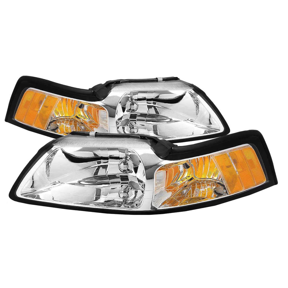 PERDE 99-04 Ford Mustang Performance Headlights (Set; Chrome; Amber Side Markers; Clear Lens, Bulbs Included)