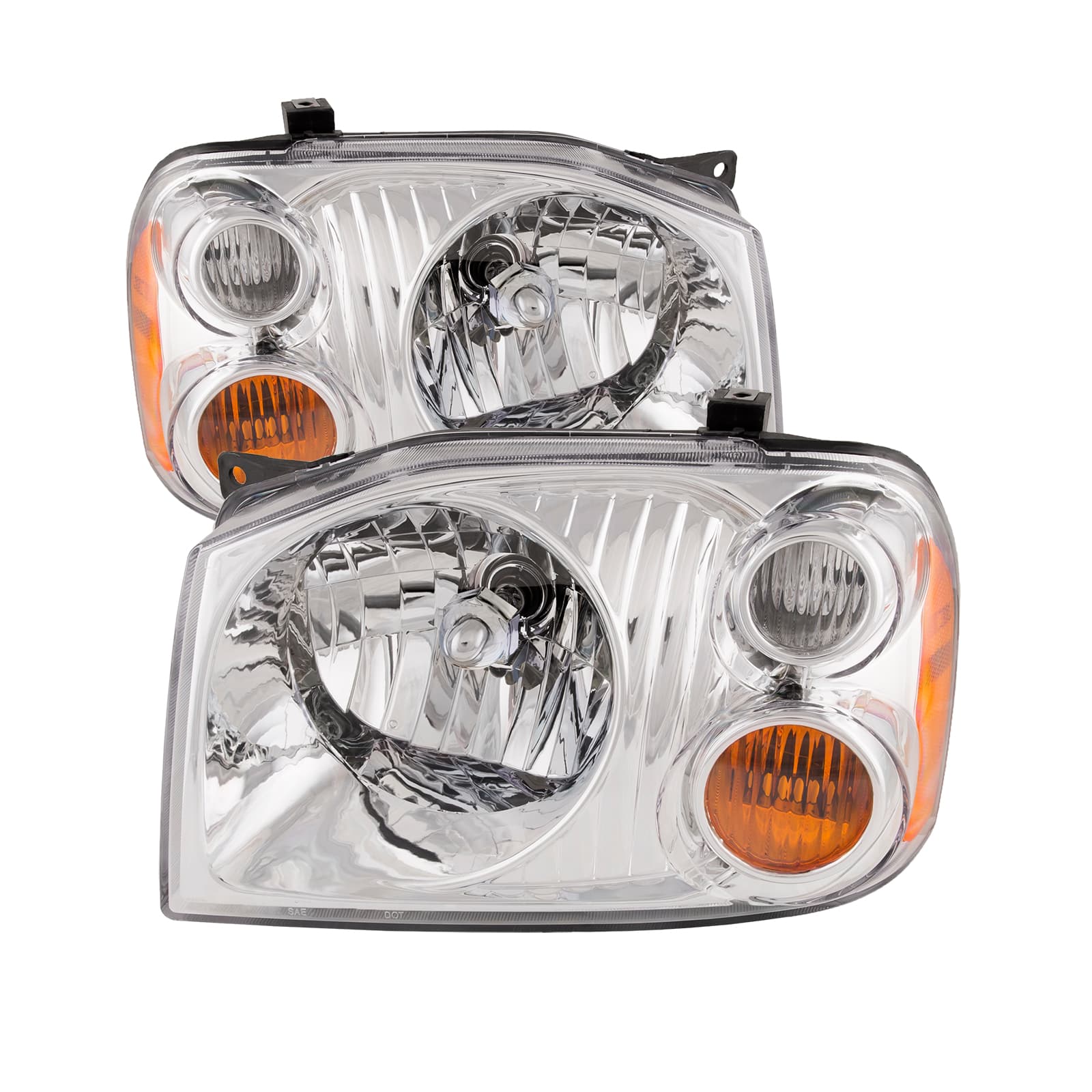 Headlights Pair Halogen Chrome Housing Driver Left Passenger Right Set Fits 2001-2004 Nissan Frontier (Base Xe Models)