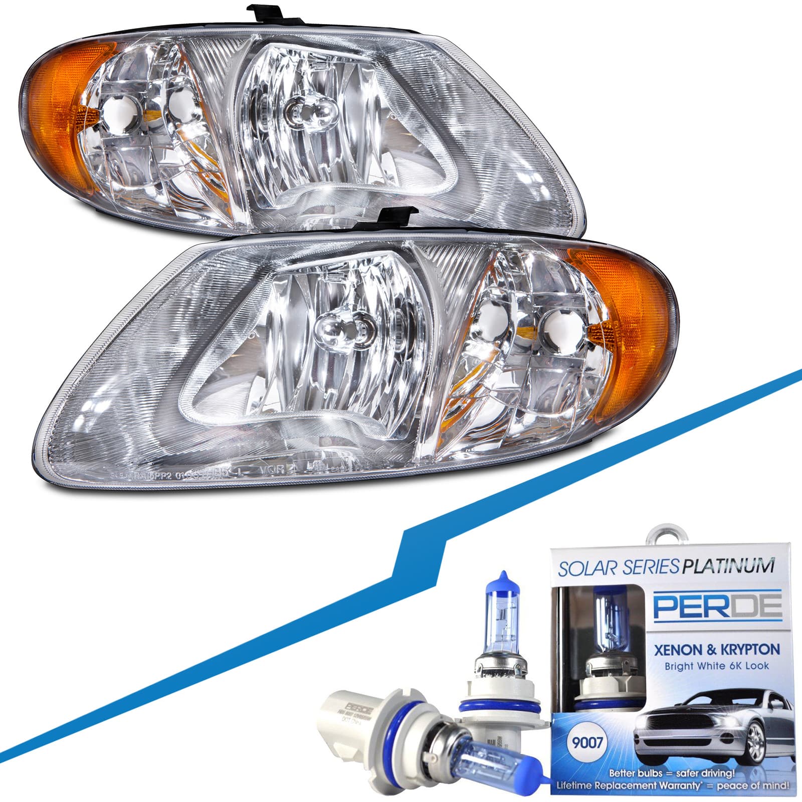 Halogen Headlights Set w/Xenons Driver Left Passenger Right Pair Assembly Fits 2001-2007 Chrysler Voyager/ Caravan Town and Country