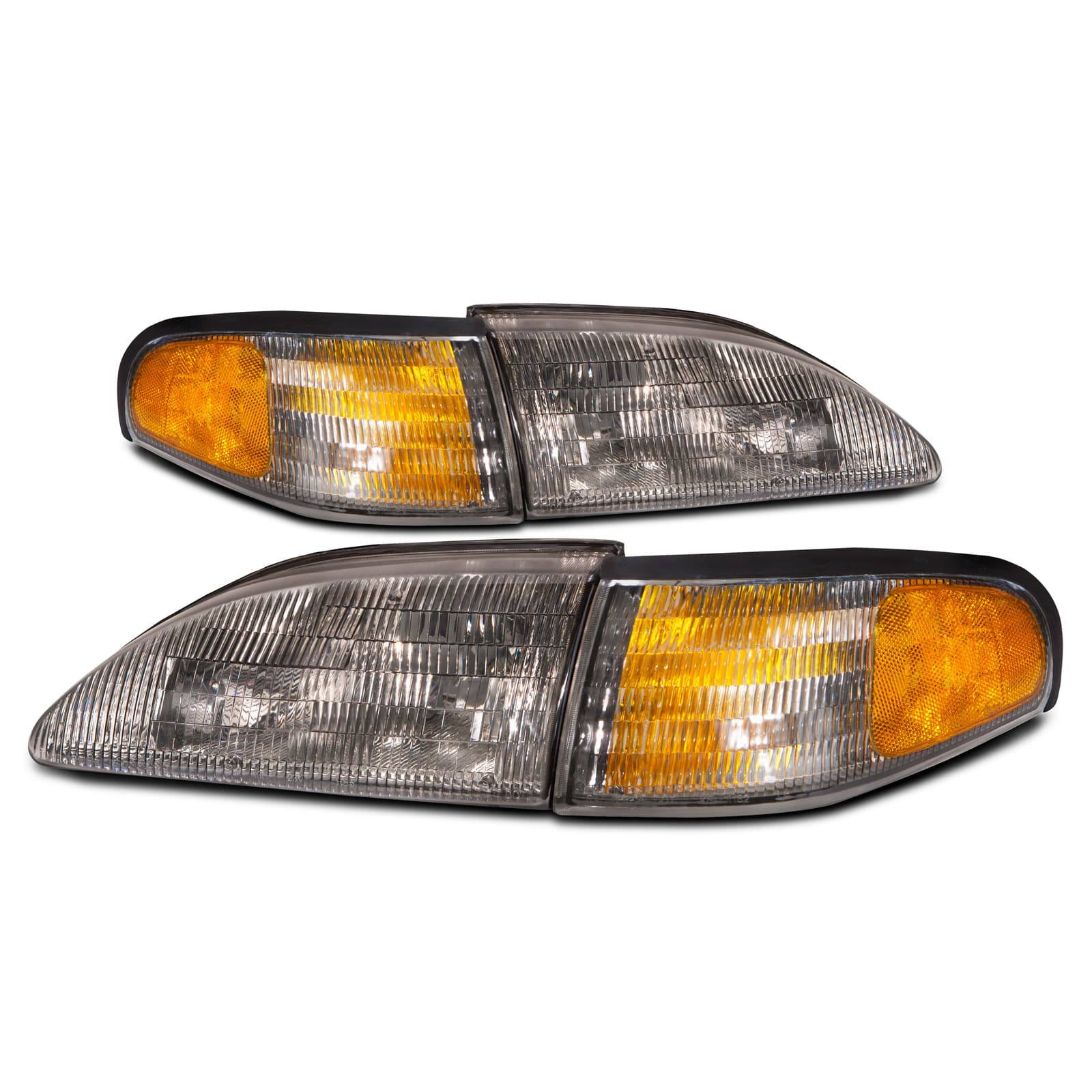 PERDE 94-98 Ford Mustang OE Style Headlights (Set; 4-Piece; Amber Side Marker; Fluted Smoked Lens)