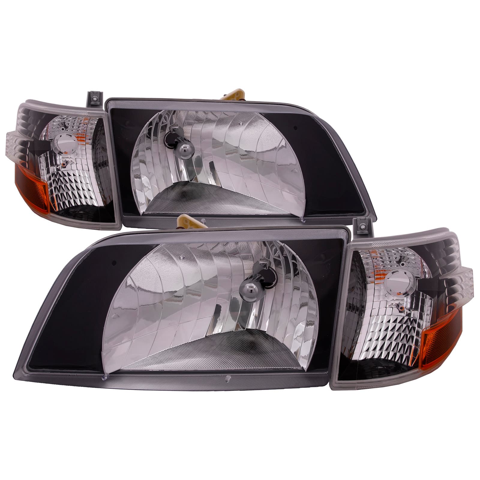 Headlights Fits 1996-2003 Volvo VNL Black Diamond Bezel Housing Includes Left Driver and Right Passenger Side Headlamps With Signal Marker Light