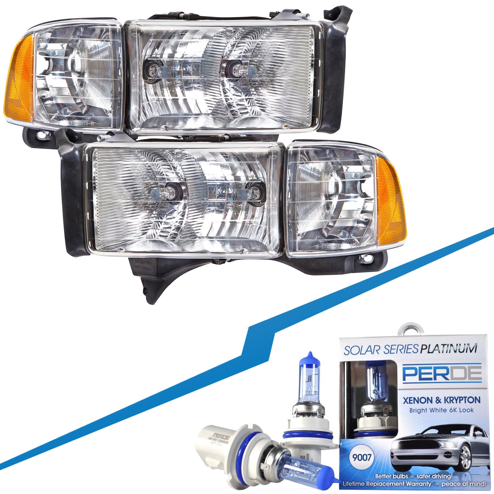 Headlights Set W/Halogen-Type Xenon Bulbs Fits 1999-2001 Dodge Ram Sport 1500/ 99-02 25003500