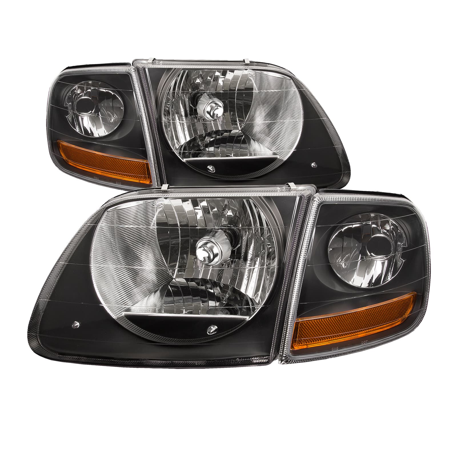 Headlights Depot 97-03 Ford F-150 / 97-02 Expedition Headlights (Set; 4-Piece; Black; Clear Lens)