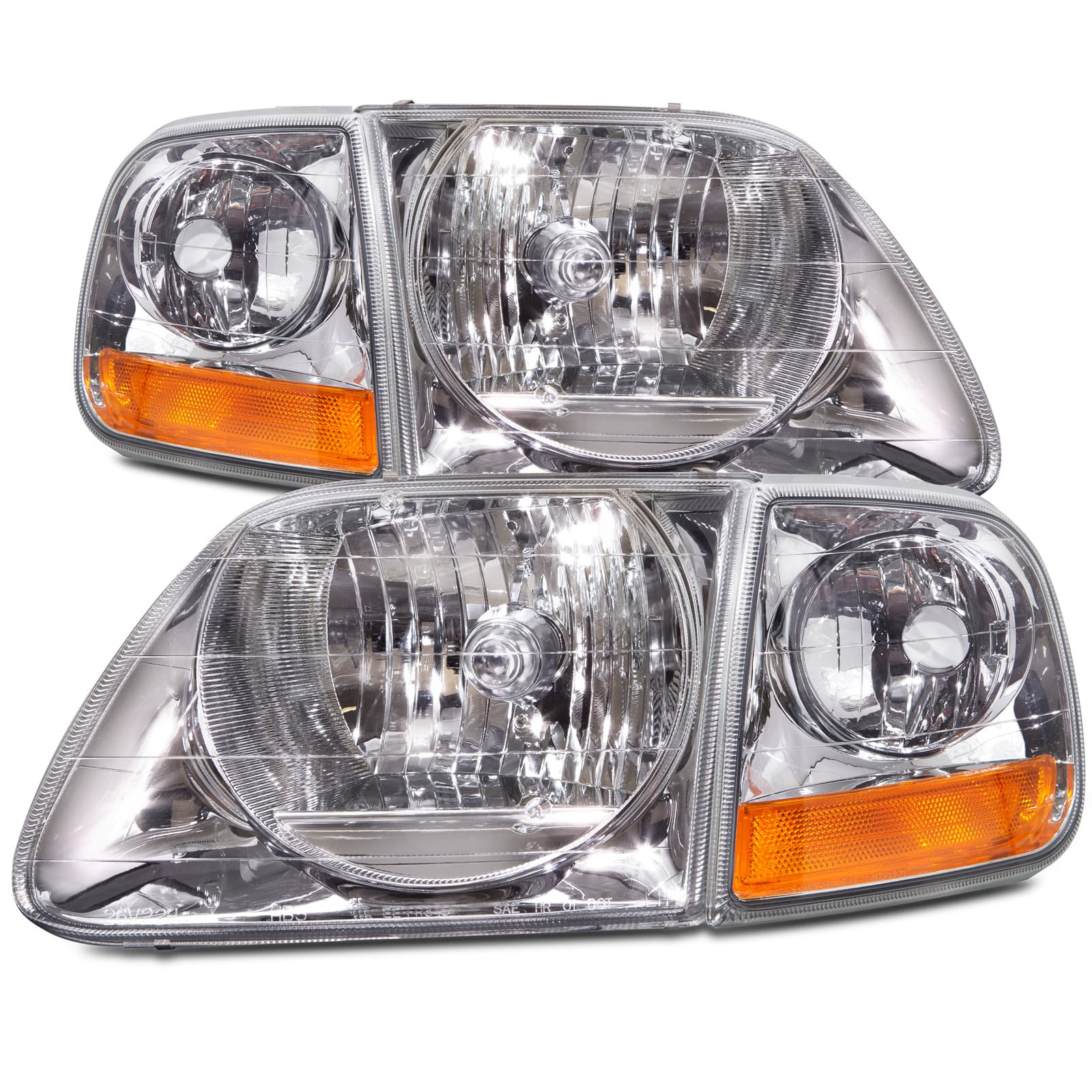 Headlights Depot 97-03 Ford F-150 / 97-02 Expedition Lightning Style Headlights (Set; 4-Piece, Chrome; Clear Lens)