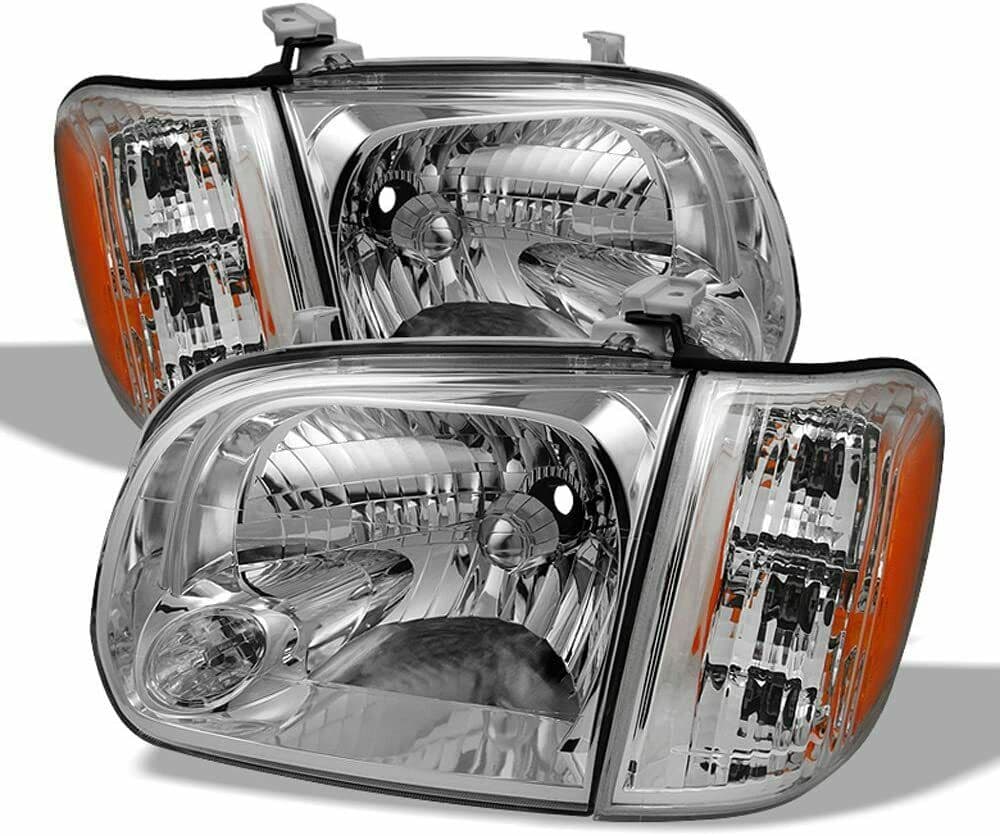 Halogen Headlights Chrome Housing 4pcs Set Left Right Pair With Corner Lights Fits 2005-2007 Toyota Sequoia/2005-2007 Tundra (Fits Double Cab Only)