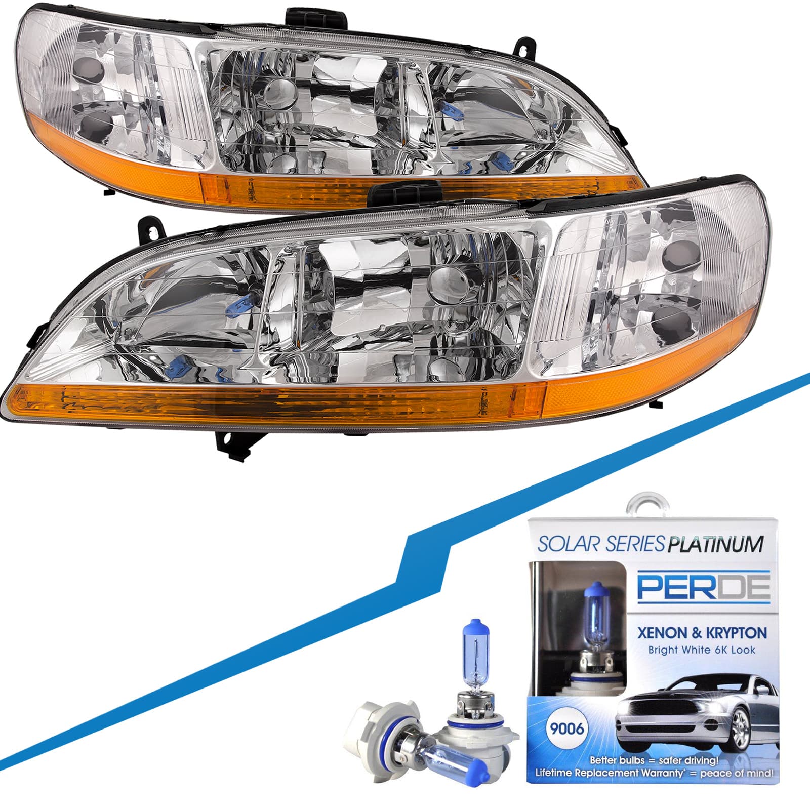 Headlights Fits 1998-2002 Honda Accord Sedan Coupe Chrome Housing Halogen Includes Left Driver and Right Passenger Side Headlamps