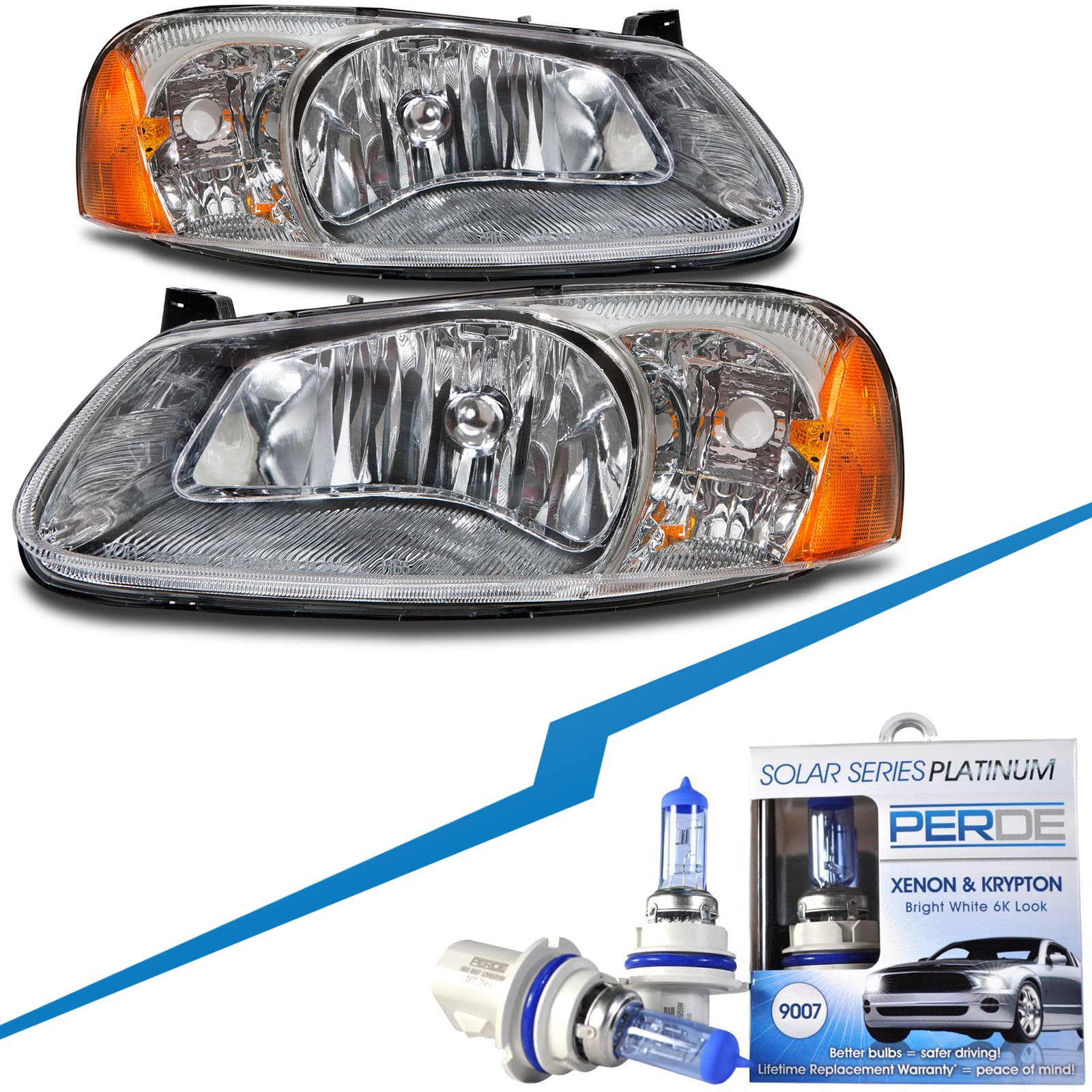 Headlight Set W/ Halogen Xenon Bulbs Pair Assembly Fits 2001-2003 Chrysler Sebring Convertible/4-Door/2001-2006 Dodge Stratus 4-Door