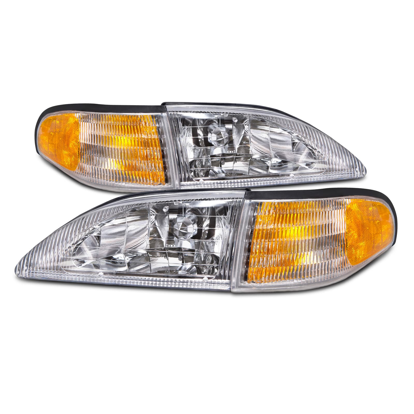 PERDE 94-98 Ford Mustang Cobra Style Headlights (Set; 4-Piece; Amber Side Marker; Clear Lens)