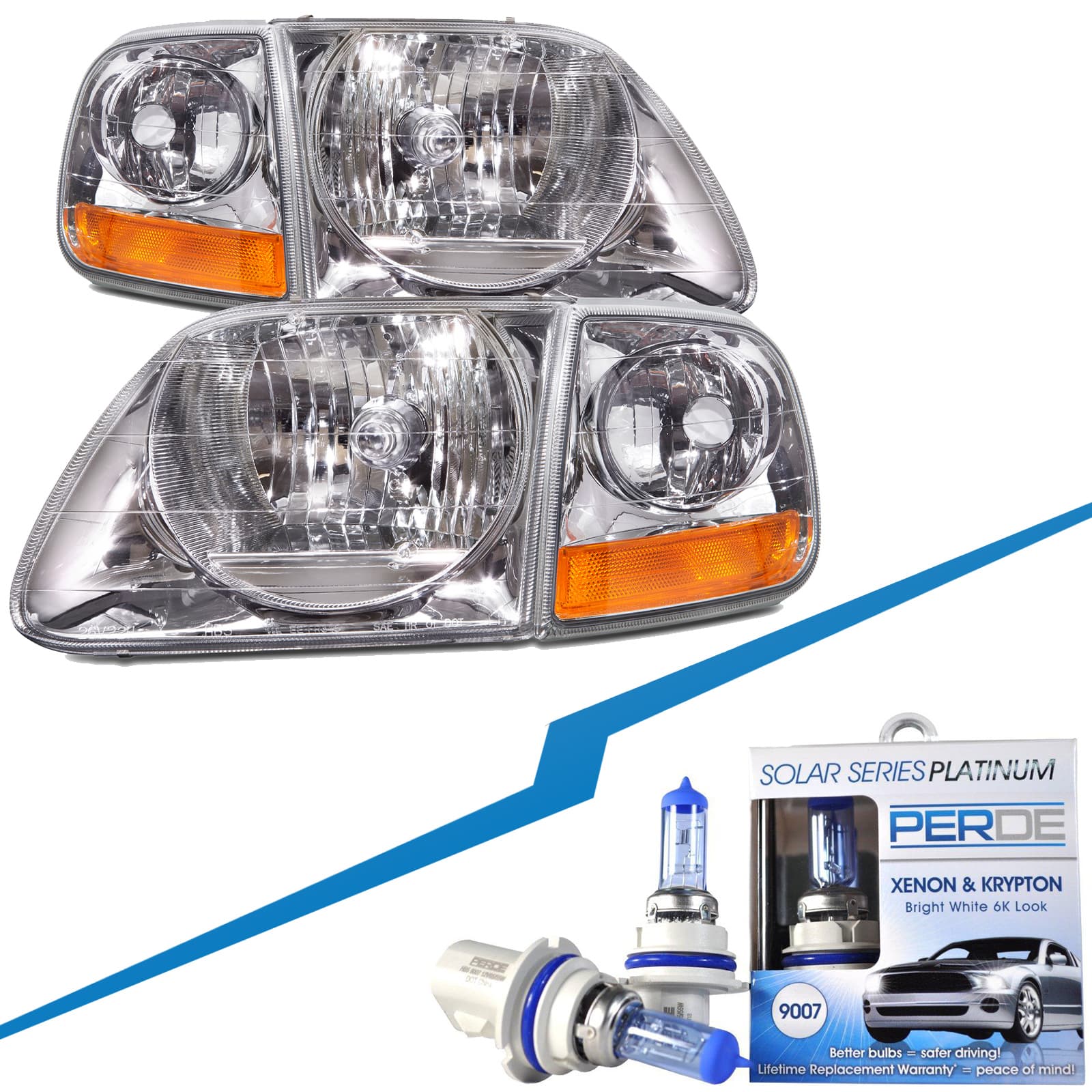 Headlights Depot 97-03 Ford F-150 / 97-02 Expedition Lightning Style Headlights with Bulbs (Set; 4-Piece, Chrome; Clear Lens)