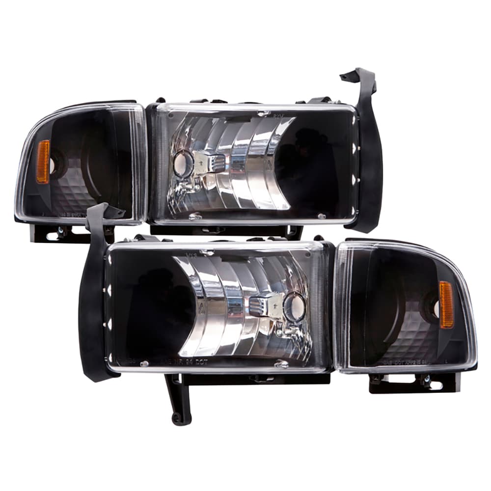 Headlights Depot 94-02 Dodge Ram Euro Black Housing Headlights (Set; Clear Lens; Non-Sport)