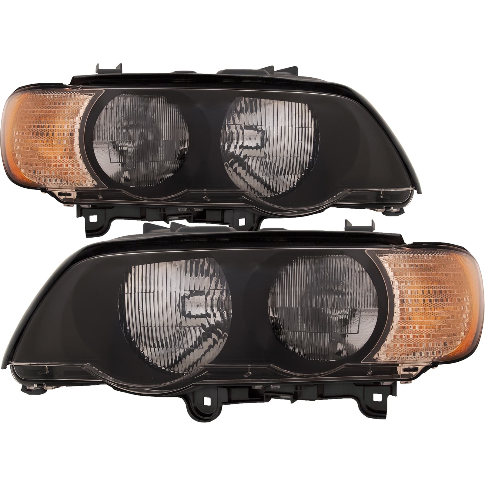 Headlights Set Halogen Type Driver Left Right Passenger w/Clear Turn Signal White Manual Twin R Pair Fits 2000-2003 BMW X5. (Not Compatible with HID Model)
