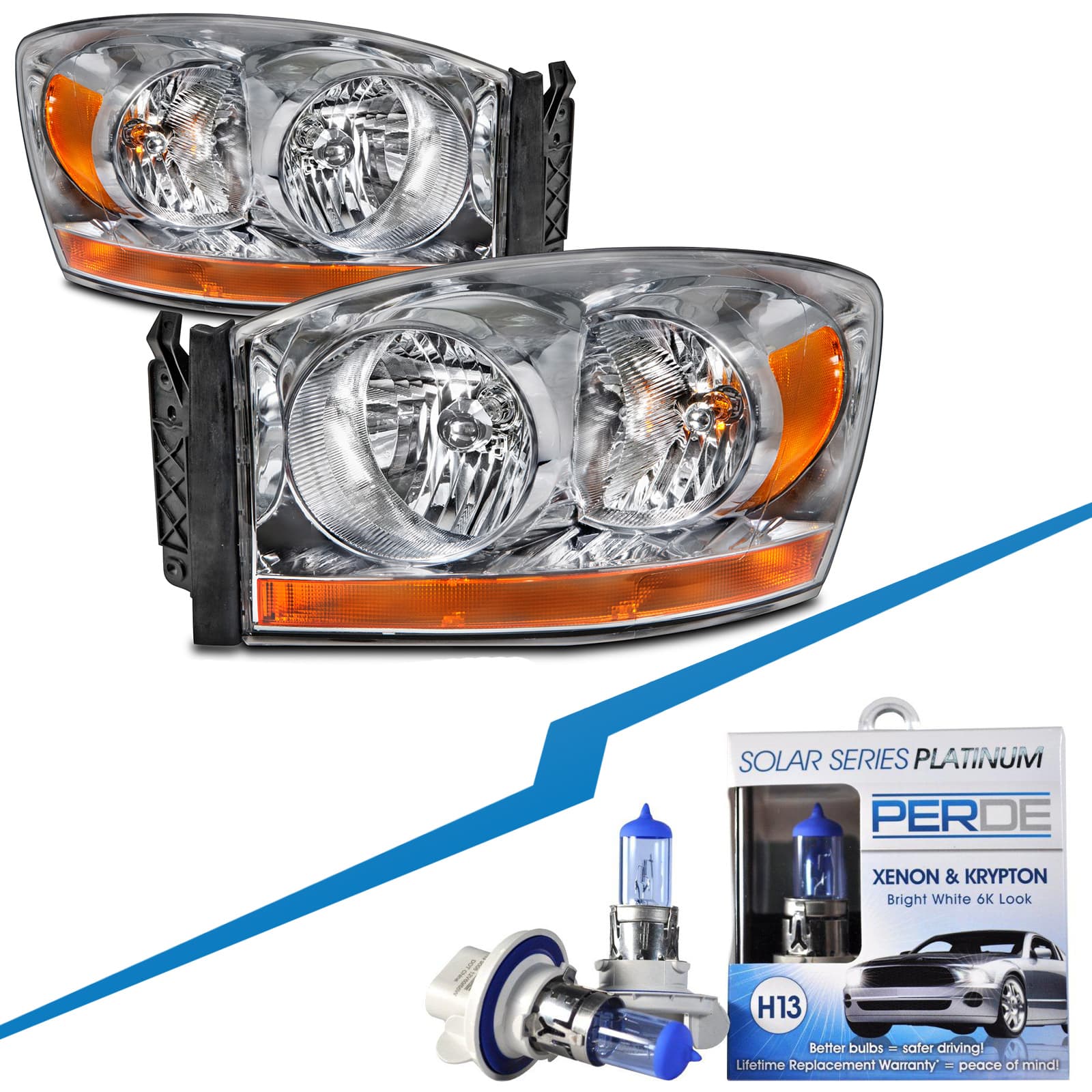 2006 Dodge Ram Truck Halogen Headlight Set W/Xenon Bulbs Driver Left Passenger Right Headlamp Pair Assembly